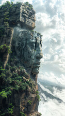 Wall Mural - Ancient stone carving of a face on the side of a large rocky cliff concept