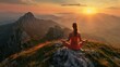 Woman practicing yoga in mountains at warm sunset light, back view