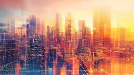Wall Mural - A digital representation of a futuristic city skyline in warm hues, providing a sleek and colorful backdrop for mockups.