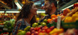 In a bustling farmer's market, a couple explores the vibrant array of fresh produce, sampling fruits and vegetables as they share in the excitement of culinary discovery