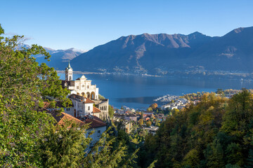 Wall Mural - The village of Locarno on the Lago Maggiore, Kanton Ticino, Church Madonna del Sasso, Orselina, Switzerland. Site of Roman Catholic pilgrimage founded after a vision of the Virgin Mary appeared 1480