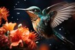 Hummingbird exploring colorful flowers in biology class., generative IA