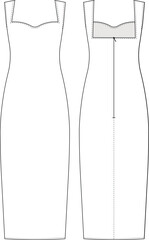 sleeveless square neck shoulder straps strappy zippered midi body-con dress template technical drawing flat sketch cad mockup fashion woman design style model
