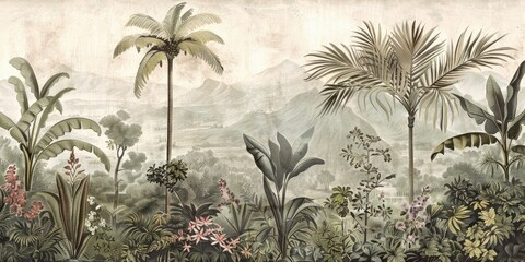 Wall Mural - wallpaper jungle and leaves tropical forest, old drawing vintage