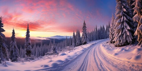 Road leading towards colorful sunrise between snow covered trees with epic milky way on the sky
