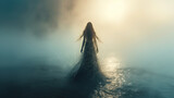 Fototapeta Konie - Goddess of fairy in magical dress walks on water, magical sea scene