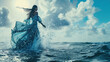 Goddess of fairy in magical glittering blue dress walks on water
