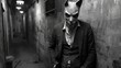 a man wearing a cat mask standing next to a wall in a narrow alleyway in a black and white photo.