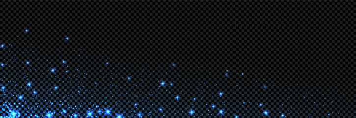 Blue light sparkle effect with magic firefly. Vector illustration with dust of flare and stars. Overlay effect background. Transparent glow