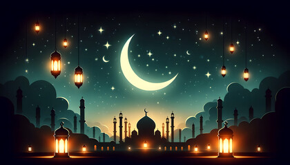 Majestic Ramadan Mosque Silhouette with Golden Moon. Graphic illustration