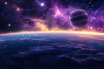 Wall Mural - Space background with purple planet landscape stars