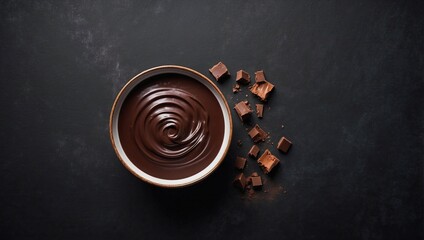 Wall Mural - Top view chocolate pudding on empty black background, space for text, free space for advertising