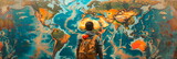 Fototapeta Kosmos - Dynamic image of a traveler exploring a world map filled with different objects, awakening wanderlust