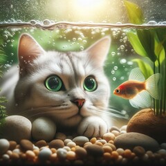 A cat watching a fish in an aquarium closely.