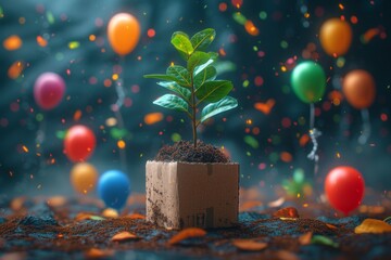 A young green plant in an eco-pot on the background of festive balloons , a germinating seed in a pot made of kraft paper