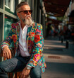 © J S - Middle aged hipster startup businessman with beard and sunglasses wearing colorful suit jacket, looking left direction on city street background with copy space