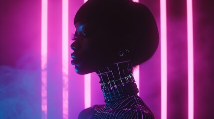 Wall Mural - A silhouette of a woman lit up in neon pink lights, with a pixelated neck and dark face