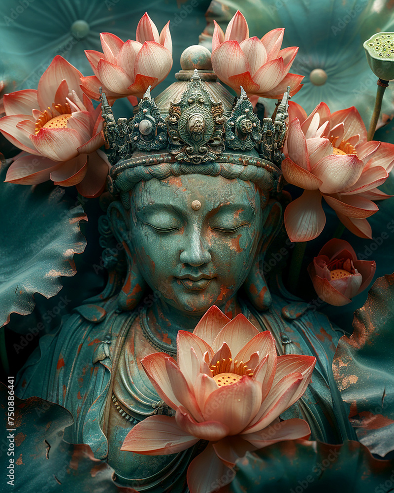 Buddha statue with lotus flowers - a symbol of Vesak holiday in honor ...