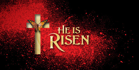 Wall Mural - He Risen Christian Butterfly cross on red and black Easter background