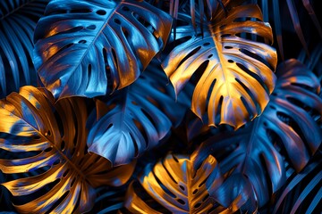 Wall Mural - Tropical leaves, colorful glowing neon summer background.