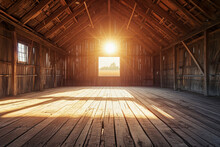 Serene Sunrise Casting Warm, Radiant Beams Through The Open Door Of A Rustic Wooden Barn