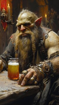 Orc ogre sitting in a tavern relaxing while drinking in a wooden cup, aggressive, ugly, and malevolent race of fantasy monsters