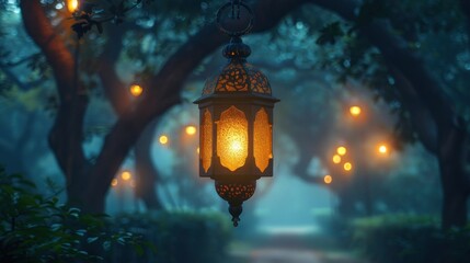 Wall Mural - a lantern hanging from a tree in the middle of a park at night with lights on the trees and on the ground.