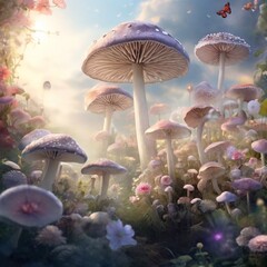 Canvas Print - Whismical mushrooms closeup. AI generated illustration