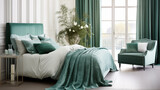 Fototapeta  - Jasna przytulna sypialnia w stylu glamour - mockup obrazu na ścianie. Zielone, szmaragdowe i białe kolory wnętrza. Render 3d. Wizualizacja	