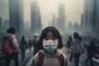 © Firn - Asian child wearing medical face mask with blurry city covered in gray smog haze in background. Air pollution problem in Asia