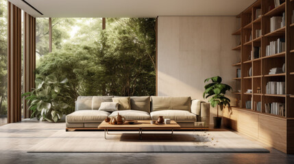 A modern living room with biophilic design that has a cozy sofa, a natural wood coffee table, and an abundance of plants