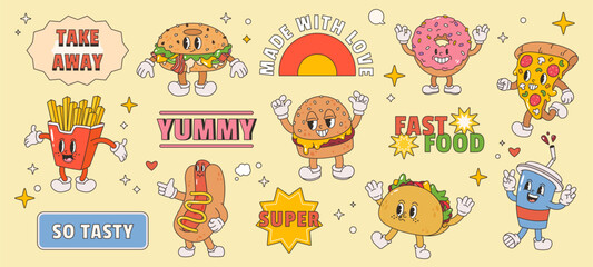 Canvas Print - Fast food characters. Groovy delivery stickers and funny burger, hot dog and pizza slice. Retro style cartoon design for trendy restaurant or cafe snugly vector set