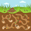 © MicroOne - Cartoon anthill illustration. Cute tiny ants working and moving. Forest or garden wildlife, underground passages and hill. Nowaday vector nature scene