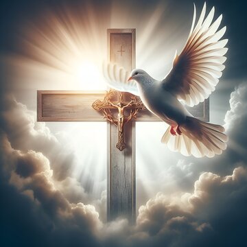 A dove flying over a Christian cross, concept of peace and resurrection, religious background for easter 