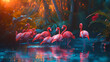 AI Generated Neon color Pink flamingo birds relaxing in a garden pond Image