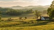 © InfiniteFlow - A serene landscape showcasing a rustic farmhouse with a red roof, surrounded by green pastures and grazing cattle under a dramatic stormy sky. Resplendent.
