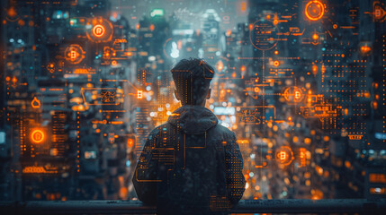 Dive into the depths of data interpretation with a male programmer as your guide, his laptop a beacon of knowledge amidst the dynamic display of information on a futuristic screen