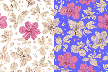  Vector floral seamless pattern with 
pink and yellow flowers
 on white and blue background.