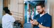 © ihorvsn - Busy and focused professional doctor in uniform using smartphone online checking social media during break in corridor of modern hospital. Successful medical worker using technologies.