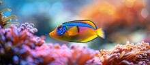 A Blue And Yellow Fish Peacefully Swimming In An Aquarium Full Of Colorful Plants And Decorations. The Fishs Vibrant Colors Stand Out Against The Aquatic Environment.