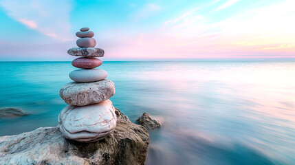 Wall Mural - Zen stones stack on the sea rock