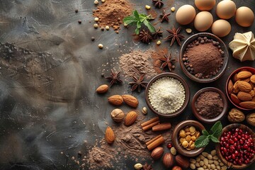 Wall Mural - A variety of organic spices and ingredients, including turmeric, cinnamon, and cocoa powder, on a wooden table.