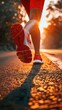 sport runner feet running on sunset lake closeup on shoe. AI generated illustration