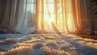 Morning sunshine pours into a cozy room highlighting a soft shaggy carpet