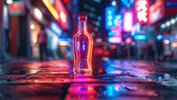 Fototapeta  - Against the backdrop of a bustling cityscape, a neon sign shaped like a vodka bottle glows with vibrant colors, adding a touch of whimsy and charm to the urban landscape.