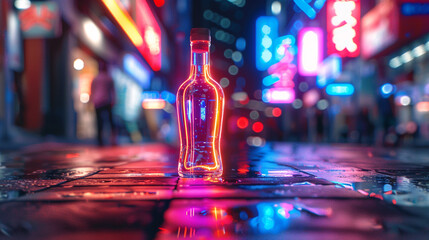 Against the backdrop of a bustling cityscape, a neon sign shaped like a vodka bottle glows with vibrant colors, adding a touch of whimsy and charm to the urban landscape.