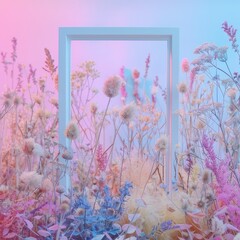 Wall Mural - Wild flowers in pastel pink and blue graduated colors with white photo frame in background. Spring beauty backdrop. 