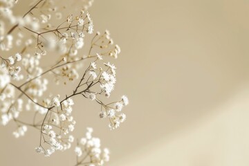 Wall Mural - Blossom in spring. Blooming branch of gypsophila in front of a pastel beige background. Spring creative minimal arrangement with copy space. 