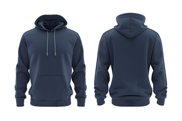 Front and back view of a navy basic hoodie template. With a front pocket and drawstring hood, mockups for design and print, isolated on a white or transparent background. 