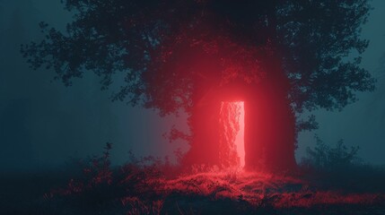 Wall Mural - a red light shines in the middle of a dark forest with a tree in the foreground and a doorway in the middle.